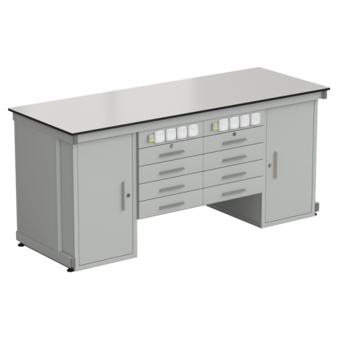 56.0551.00.08 Стол демонстрационный с двумя напольными тумбами, двумя подвесными тумбами, с электрикой 2000х750х900, раб. поверхность - LABGRADE